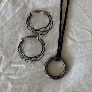 Lia Sophia hematite 16 inch necklace with extender and hoop earrings